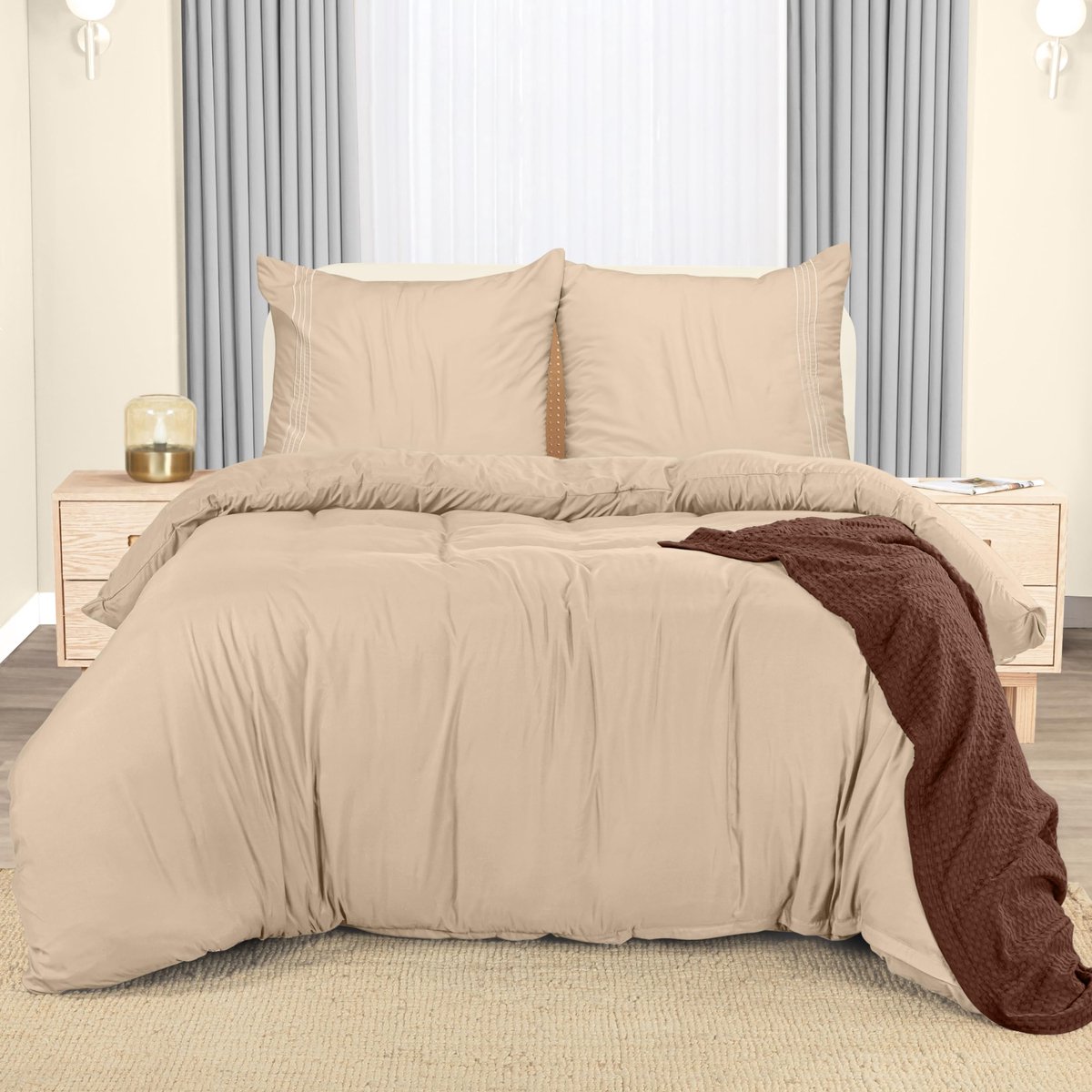 Ibenzoa Verfijnde Microvezel Dekbedovertrekset 200 x 200 cm met Luxe Kussenslopen - Beige