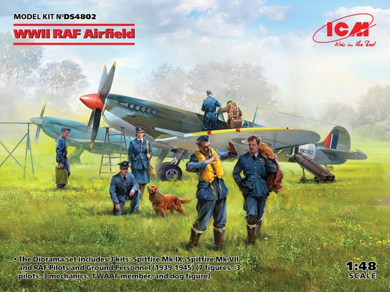 ICM Modelbouwpakket Militaire voertuigen - DS4802 WWII RAF Airfield - Spitfire Mk.IX,Spitfire MkVII,RAF Pilots a Ground Pers 7 fig. Plastic - 1:48 - Modelbouw