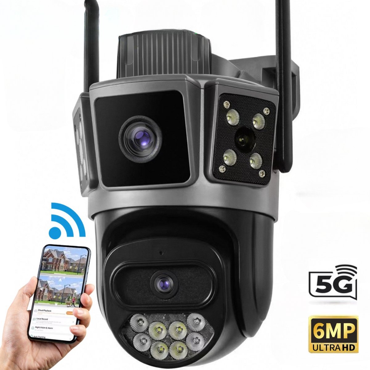 MrGoods - Beveiligingscamera Voor Buiten en Binnen V2 - Buiten Camera met Nachtzicht - Dubbele Lens 6MP - 360° Dekking - Met 2.4G & 5G WiFi en APP - Bewegingsdetectie en alarm - Tweerichtingsgesprek - Camerabewaking