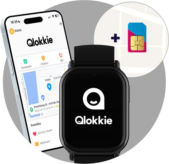 Qlokkie Kiddo Mini - GPS horloge kind - Smartwatch kinderen - GPS tracker kind met nauwkeurige locatiebepaling - GPS horloge kind met simkaart - Stel veilige zones in - SOS functie - Zwart