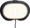 Zwarte JBL wekkerradio met ovaal verlicht scherm dat een uitroepteken toont.
