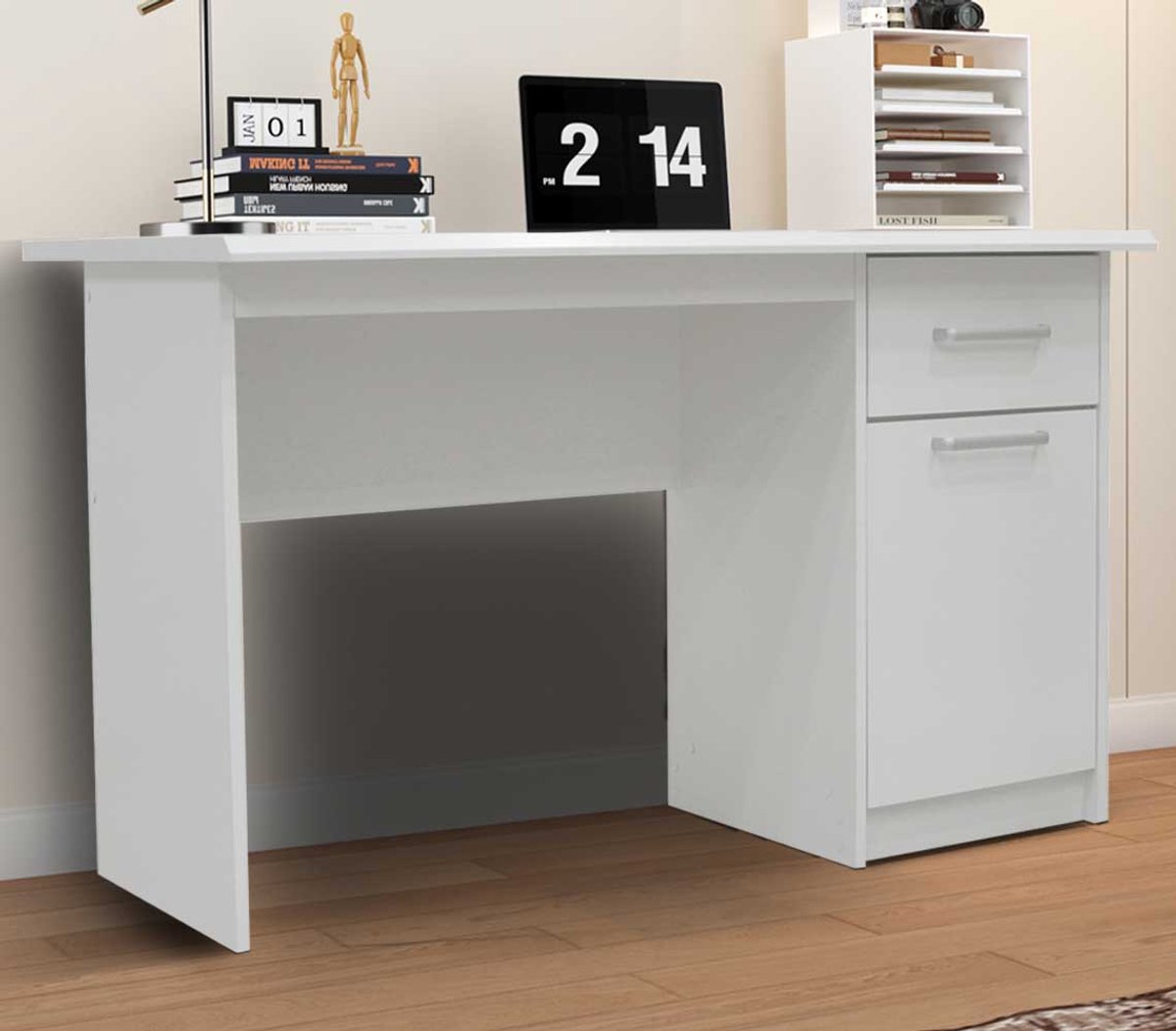 Bureau Milou 1 Lade 1 Deur | H-75 X B-121 X D-60 Cm | Wit - Rousseau - Bureau - Wit - Melamine; Spaanplaat