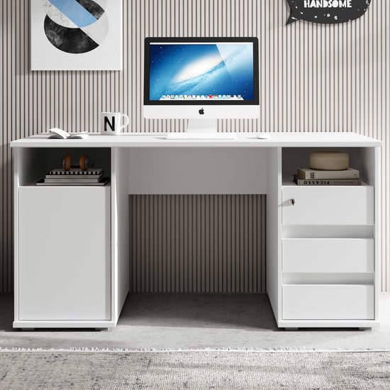 Bureau Primos 145cm avec 3 tiroirs & 1 porte - blanc - Bega Consult - Bureau à domicile - Blanc - Panneaux de particules - Bureau à domicile