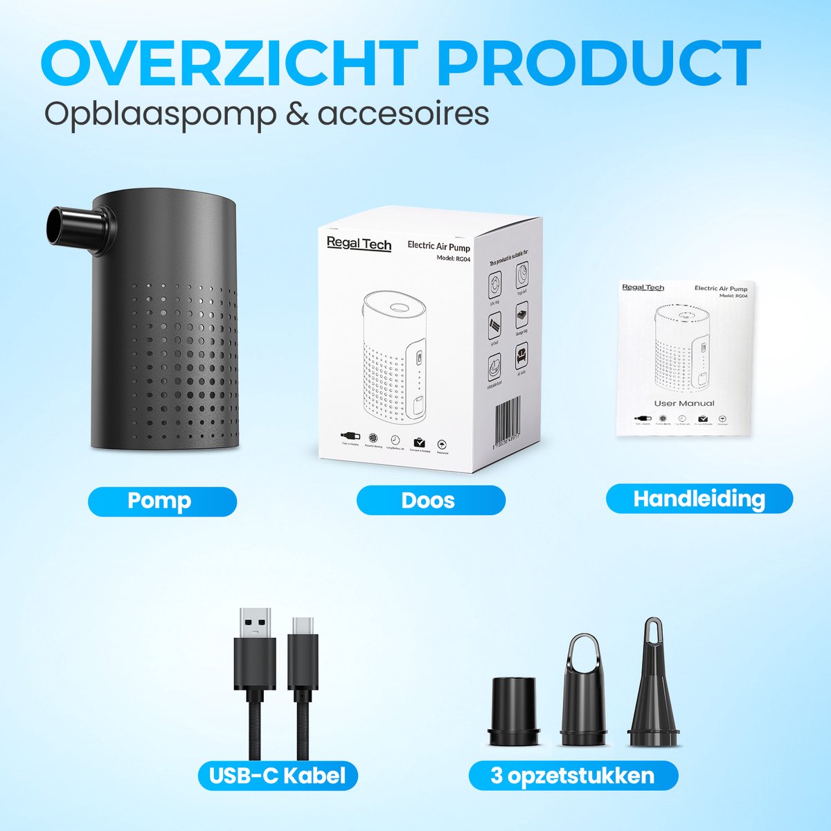 Regal Tech® Elektrische pomp luchtbed/zwembad- Luchtbedpomp - Opblaaspomp - 4000 mAH accu - 300 liter/Min — afbeelding 12