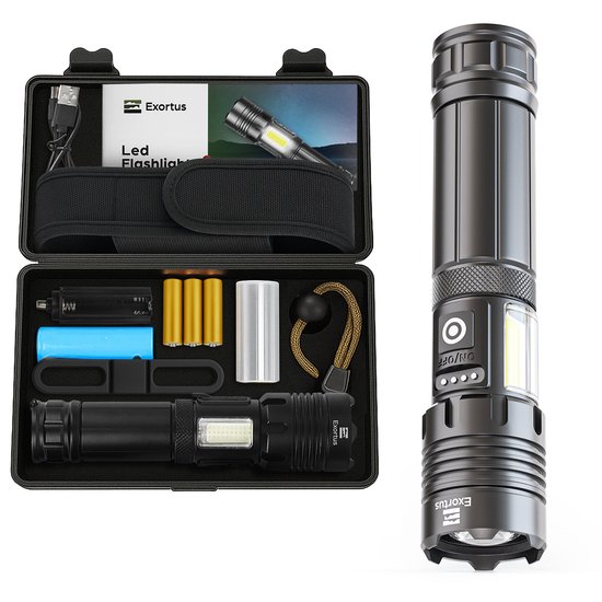 Exortus® Oplaadbare LED Zaklamp - 5000 Lumen - Duurzaam en Waterdicht - 26650 Batterij - COB Verlichting - Opbergdoos - Holster