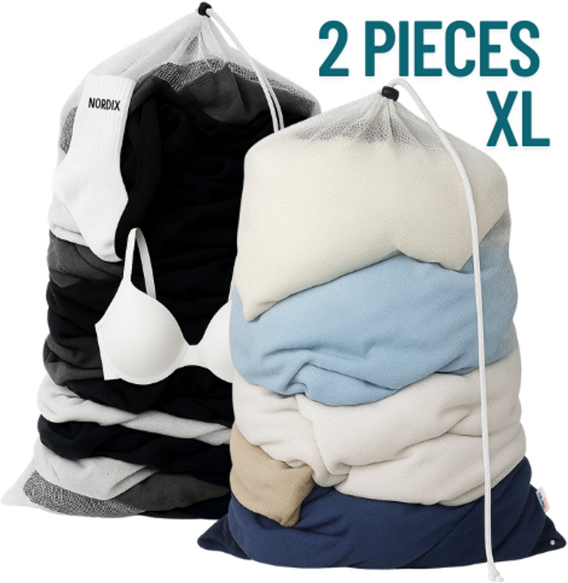 Goedkoopste Nordix Waszak Groot XL - 60 x 90 CM - 2 stuks - Wit - Treksysteem - Trekbandsluiting - Polyester