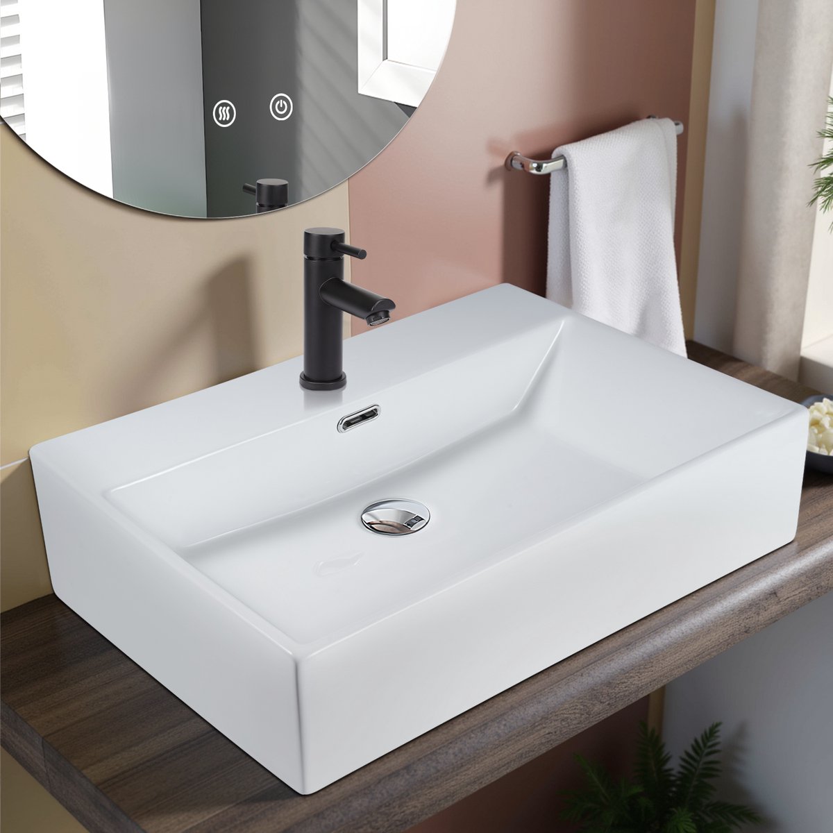 NETTLIFE Wastafel - 60 × 42 × 15cm - Keramiek - wasbak voor badkamer en toilet - Wit wastafel - met overloop - Badkamerwastafel - Modern kraangat Handspoelbak - voor gastentoilet-Zonder kraan