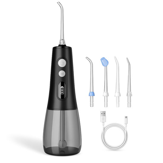 Yurda Premium Waterflosser - Monddouche - Elektrisch Flosapparaat - 9 Drukniveaus - 4 Opzetstukken – Volledige reiniging - Draadloos en Oplaadbaar - Waterdicht - Compact Ontwerp