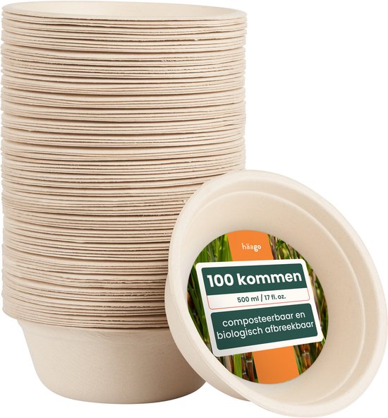 96 bols en bagasse de canne à sucre (500 ml) - bols à soupe, plats - respectueux de l'environnement, biodégradables et compostables