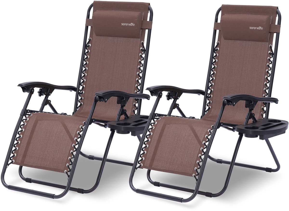 SereneLife Ligstoel set van 2 – Verstelbare Buitenkamerstoel met Afneembaar Bekerhouderblad – Inklapbare Relaxstoel met Verwijderbare Kussens