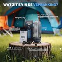 Vulpes Goods muggenlamp premium, verpakking, handleiding, USB-C kabel en borstel op een boomstronk buiten.