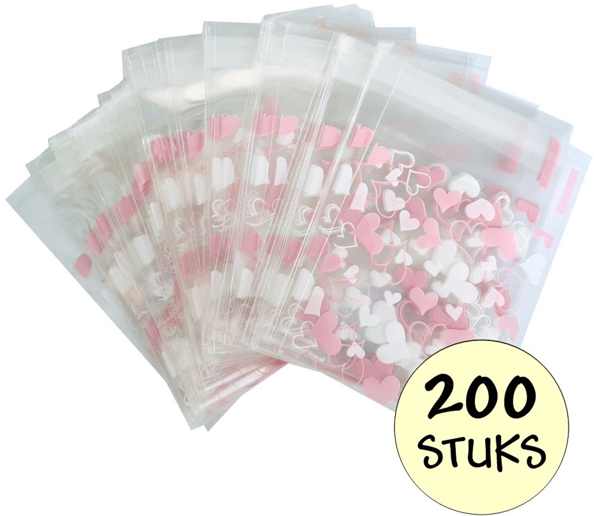 200x Cellofaan Hartjes Zakjes 7x7 cm - 200 Stuks Uitdeelzakjes - Plastic Traktatie Kado Zakjes - Snoepzakjes - Hartjes Roze/Wit - 7x7 cm
