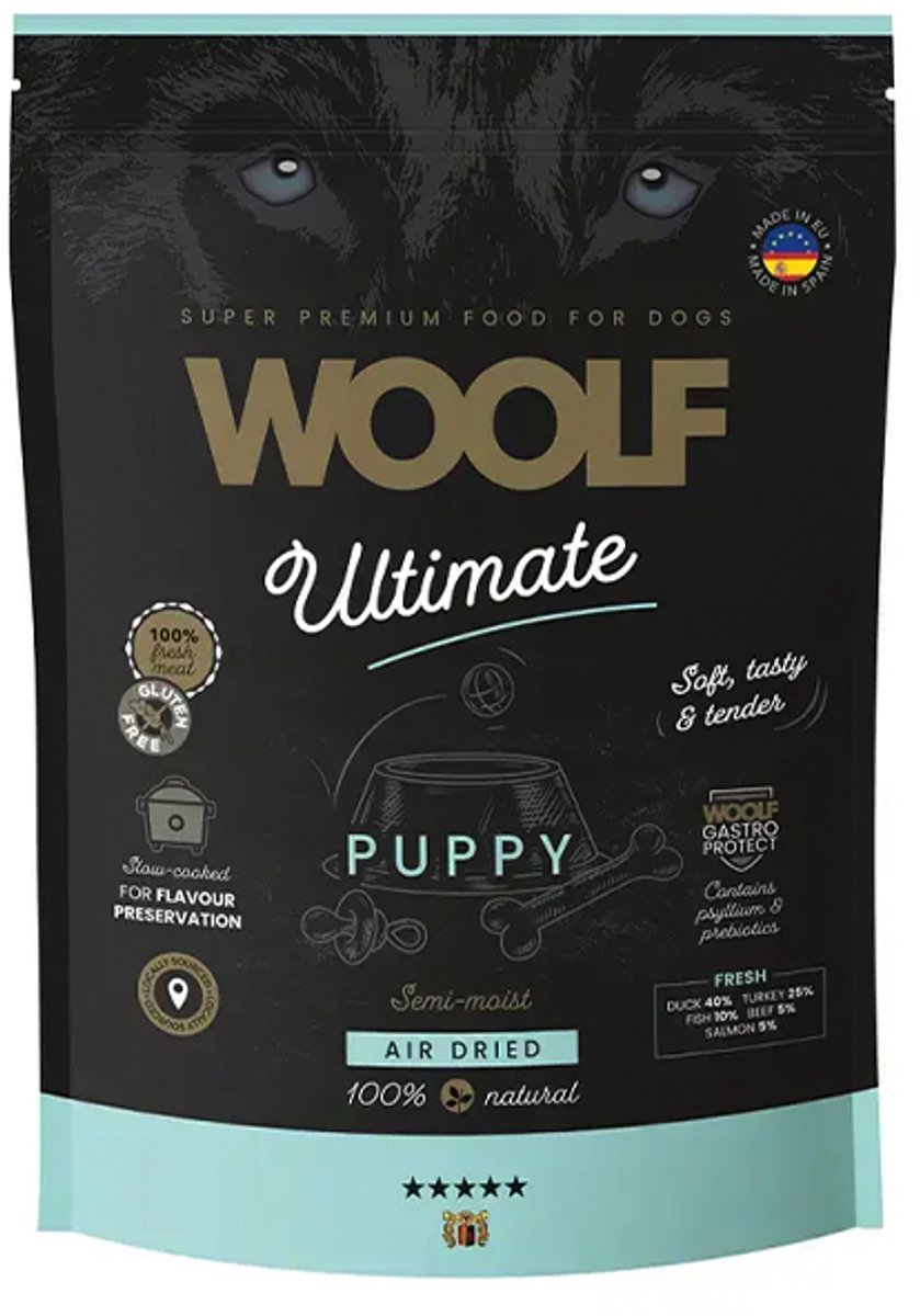 Woolf ultimate PUPPY voeding - semi-moist air dried - 100% naturel - glutenvrij + prebiotics eend 40% - kalkoen 25% - vis 10% - zalm 5% Super premium 1 kg-