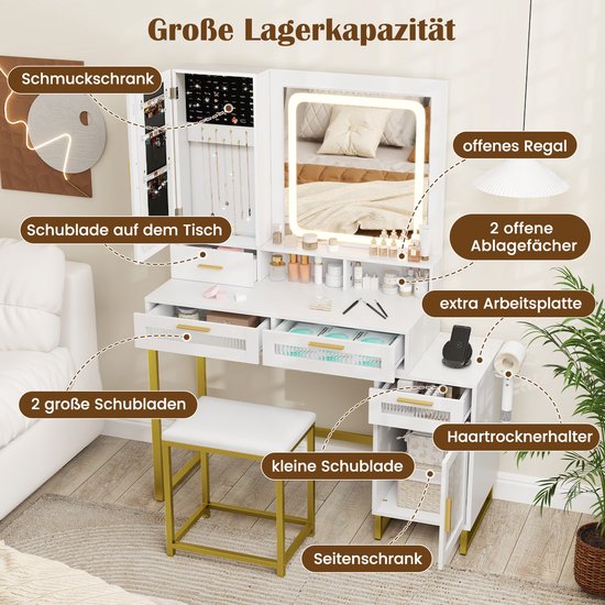 Coiffeuse blanche avec grand espace de rangement : armoire à bijoux, tiroirs, étagères ouvertes et support de sèche-cheveux.