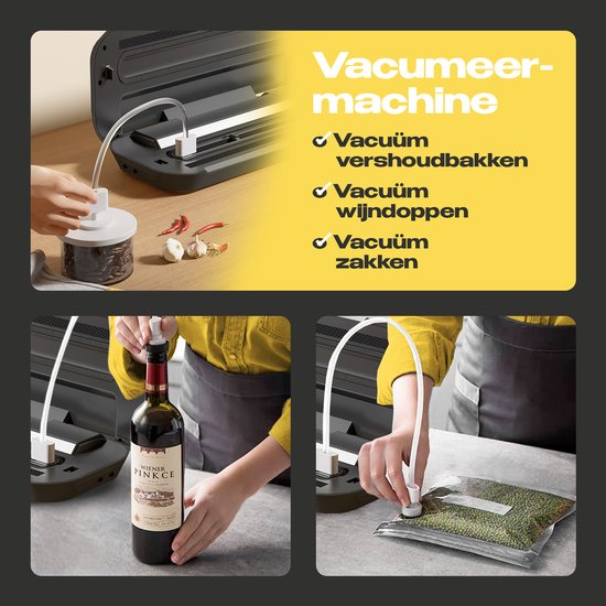 Vacumeermachine met accessoires voor vacuüm potten, wijnflessen en zakken.