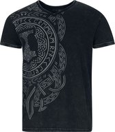 Donkergrijs T-shirt met V-hals en een grote print van Noorse runen op de voorkant.