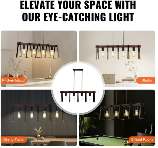 Lampe Jurrys - 4 points lumineux - Suspension - 60 W - Style industriel - Structure en métal - Zwart - Longueur 85 cm - Lampe de table à manger - Îlot de cuisine - Lustre