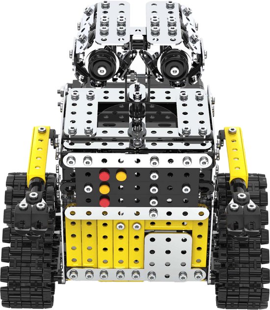 Vooraanzicht van een metalen robot met gele platen, zwarte romp, rupsbanden en zilveren mechanische delen.