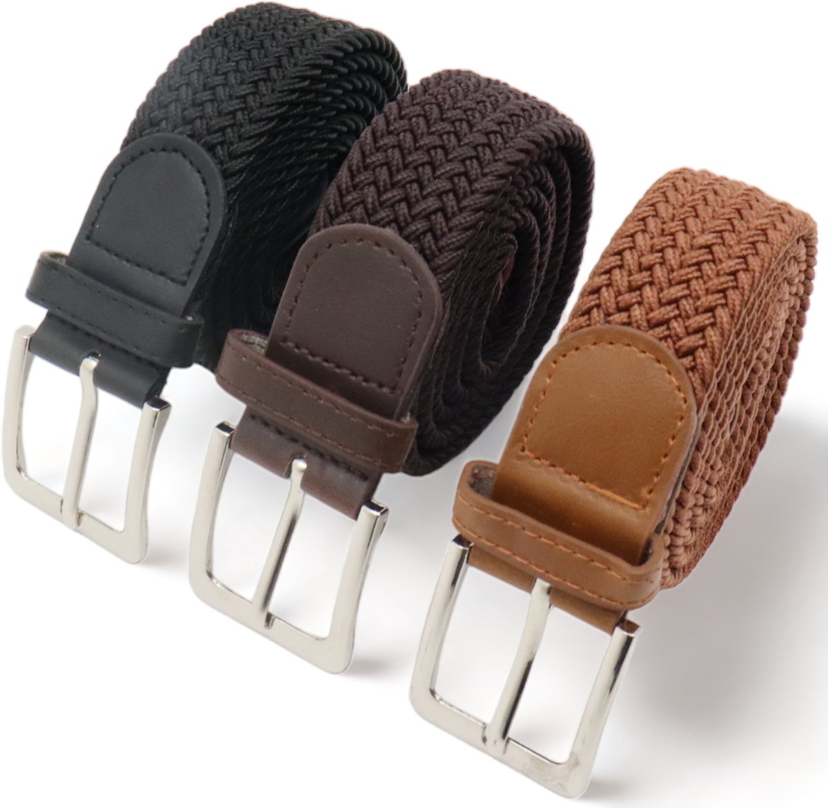 110 cm - Elastische broekriem Stretch riem Vlecht riem Gevlochten riem Elastiek riem - unisex - Kleur 1-Bruin 2-Cognac 3-Zwart 3 pack deal van JVS bags