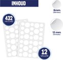 432 puistjespleisters in twee maten (8mm en 12mm) op 12 vellen.