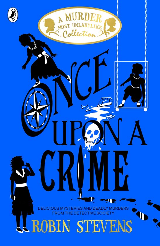 Boek 'Once Upon a Crime' met blauwe kaft, 'A Murder Most Unladylike Collection' en tekst.
