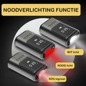 Drie zwarte elektrische luchtpompen met digitaal display: één met wit licht, twee met rood licht/SOS signaal.