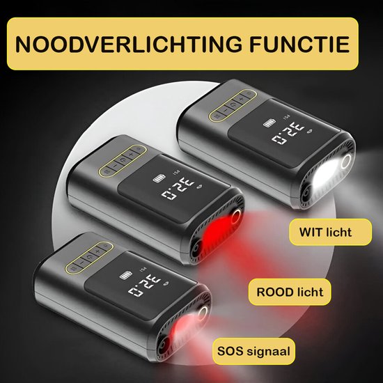 Drie zwarte elektrische luchtpompen met digitaal display: één met wit licht, twee met rood licht/SOS signaal.