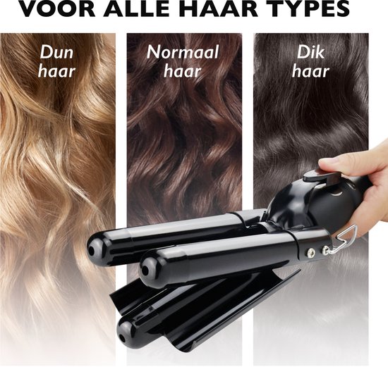 Zwarte 3-staps wafeltang voor dun, normaal en dik haar, toont golvend effect op alle haartypes.