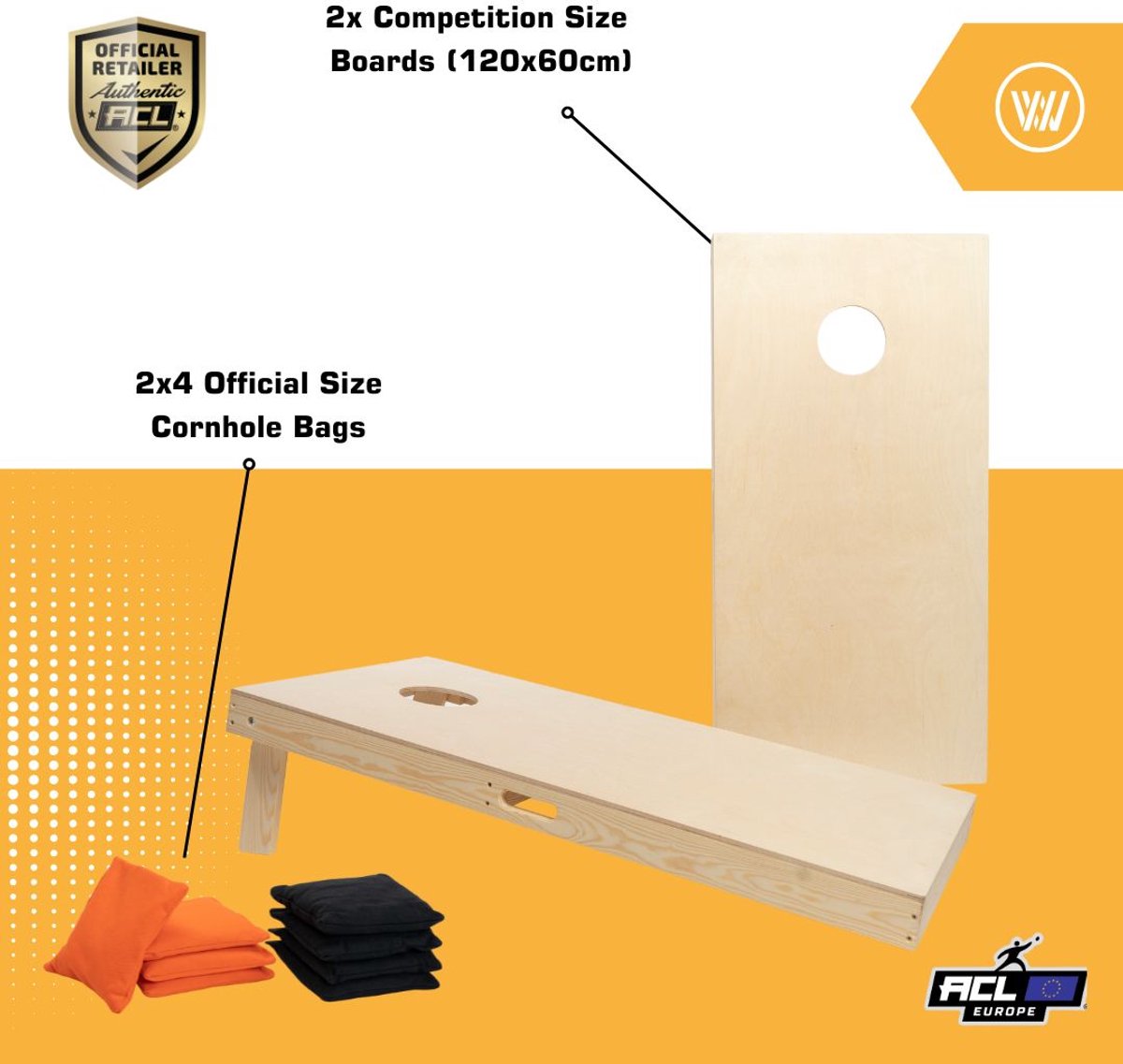 Wicked Wood Games – Cornhole Set Blanco – 120x60 cm – Inclusief 2 Boards en 8 Zakjes – 100% Hout – Officiële ACL Licentie — afbeelding 7