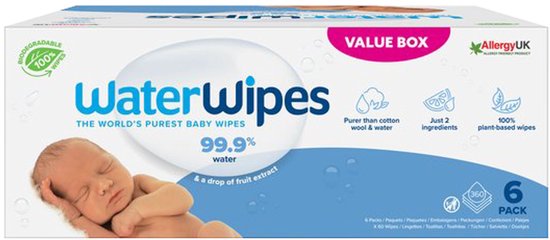 WaterWipes Lingettes Bio - 6 x 60 pièces - 360 lingettes