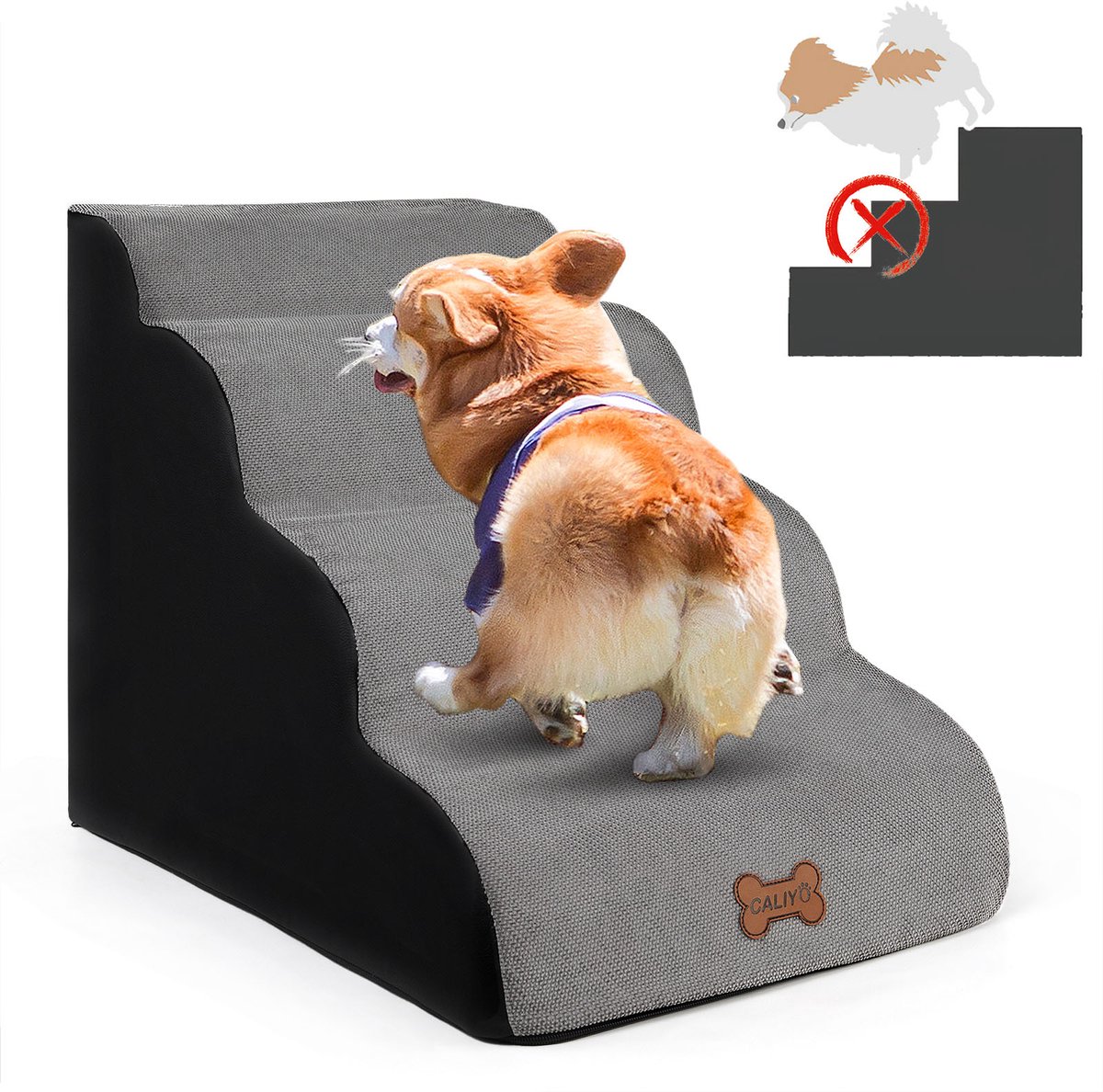 CALIYO Hondentrap - Trap Hond 4 Treden – 40x75x50 cm - Hondentrapje voor Honden - Hondenloopplank - Opstapje Hond - Foam - Grijs
