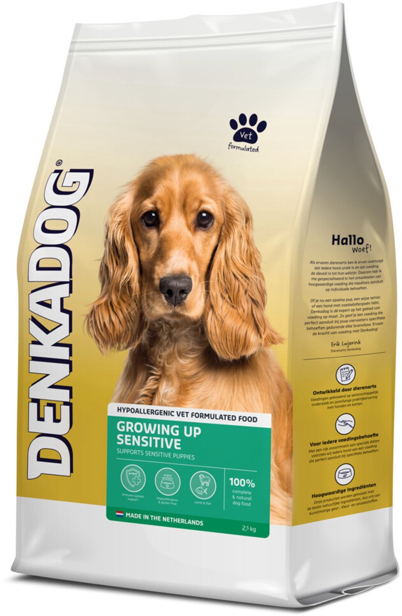 4x Denkadog Hondenvoer Growing Up Sensitive 2,5 kg