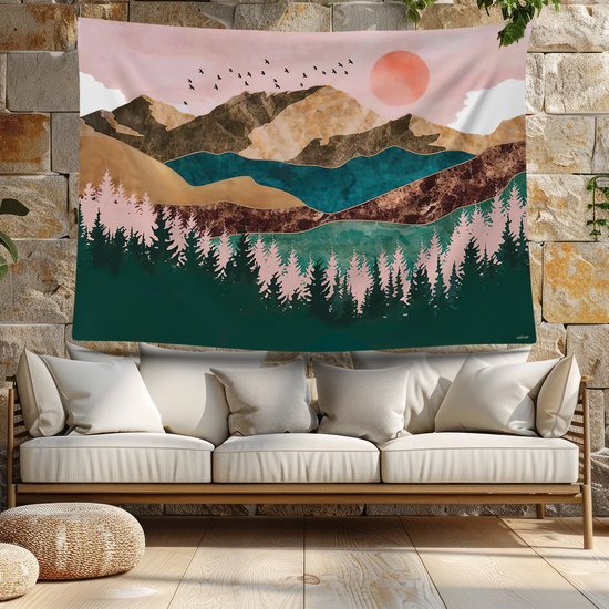 Ulticool Wandkleed 200x150 cm – Natuur Bos Bohemian Aesthetic Hippie – Met Bevestigingspinnen - voor Binnen / Buiten - Tuinposter Wandtapijt Buitenkleed Decoratie Schilderijen Posters Boho - Idee Vrouw / Tiener / Meisje - Roze Blauw