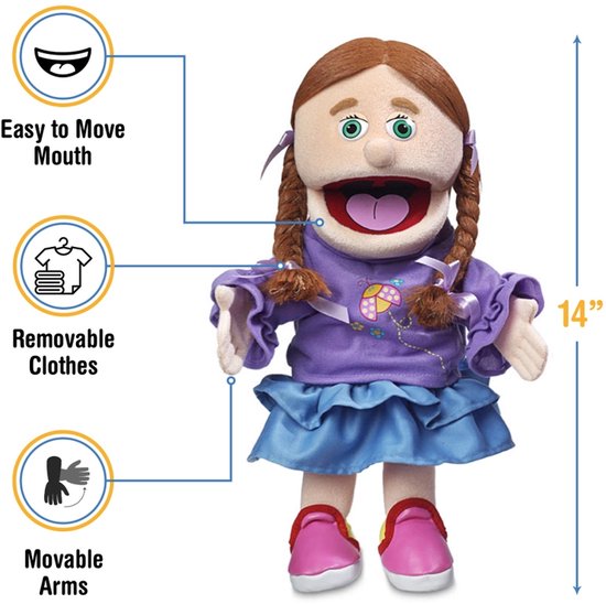 Poppenkastpop Amy 35 cm, paars shirt met lieveheersbeestje, blauwe rok, roze schoenen. Met tekst: Gemakkelijk mond te bewegen, verwijderbare kleding, beweegbare armen.