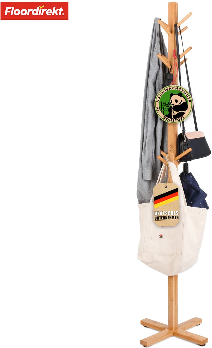 FLOORDIREKT Bamboo Coat Rack - Oregon - 12 Hooks - Space-saving Design - Environmentally Friendly