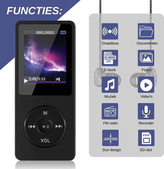 Zwarte MP3-speler met een display waarop de functies: Draadloos, Documenten, E-book, Foto's, Muziek, Video's, FM radio, Recorder, Dun design en SD-slot worden weergegeven.