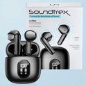 Zwarte Soundtrex X-PRO draadloze oordopjes met microfoon, inclusief laadcase met LED-display, USB-C en verpakking.