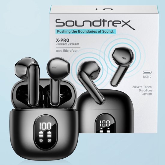 Zwarte Soundtrex X-PRO draadloze oordopjes met microfoon, inclusief laadcase met LED-display, USB-C en verpakking.