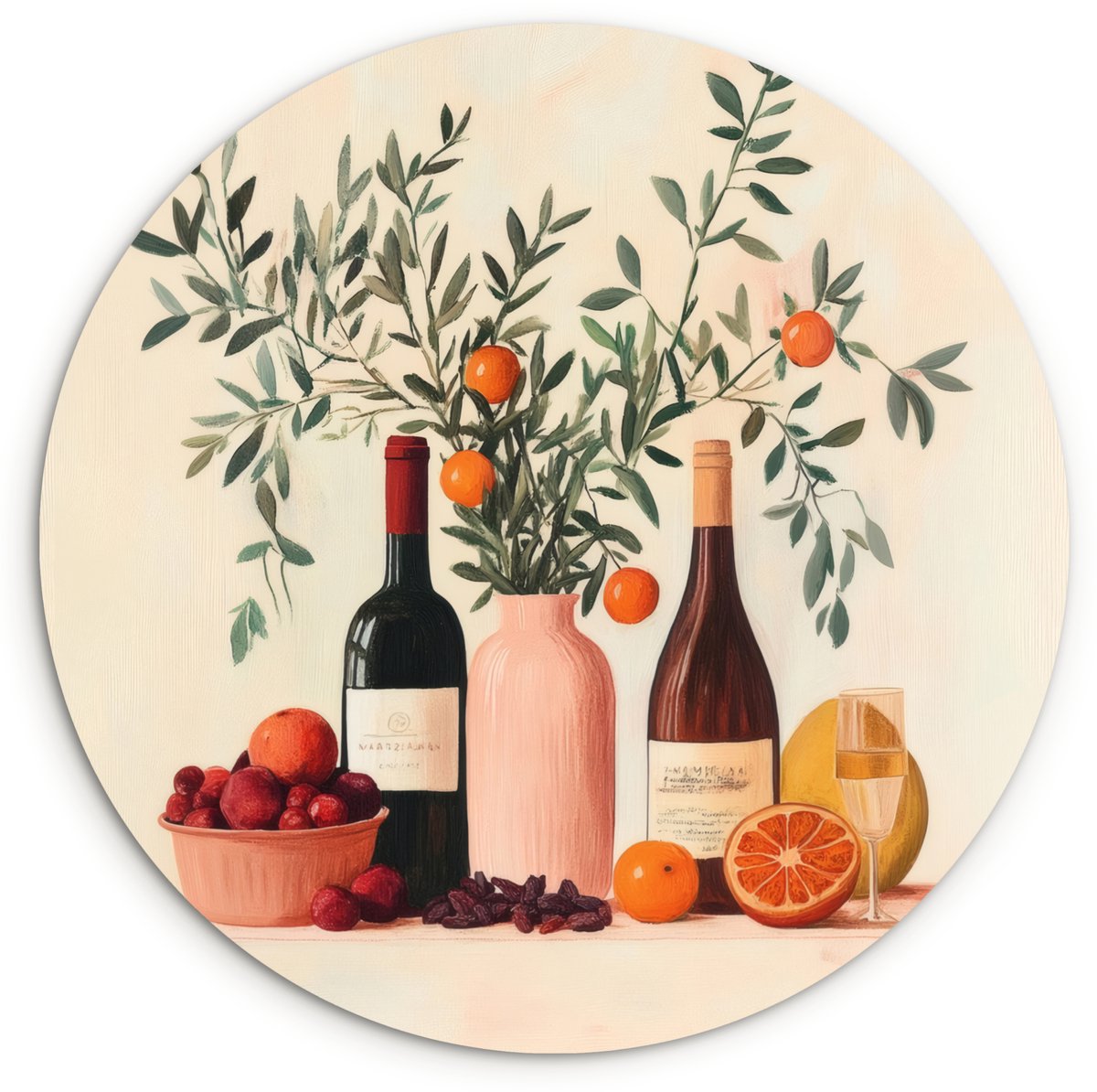 WallCircle Wandcirkel 30x30 cm - Muurcirkel Wijnflessen - Takken - Sinaasappels - Muurdecoratie woonkamer - Wanddecoratie slaapkamer - Kamer decoratie accessoires - Ronde schilderijen Wijnflessen - Sinaasappels