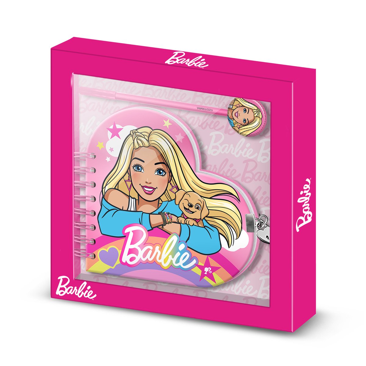 Karactermania - Barbie - Regenboog-Hart Dagboek - Notitieboek - Planner - Schetsboek + Pen - Roze
