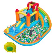 [Multifunctioneel springkussen voor buiten] Met blower, waterglijbaan + trampoline + basketbalring + waterpistool, 2 zwembadgebieden, 1 grote en 1 kleine glijbaan, voor droog en nat gebruik, een waterpark, opblaasbare grootte: 460*343*190cm