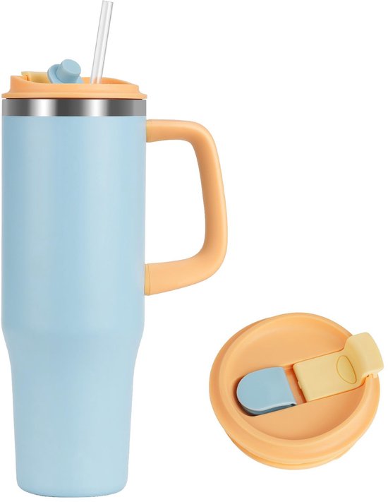 Boraboi ® Mug de voyage isotherme 1,2 litre avec paille et poignée, double paroi en acier inoxydable, design anti-fuite