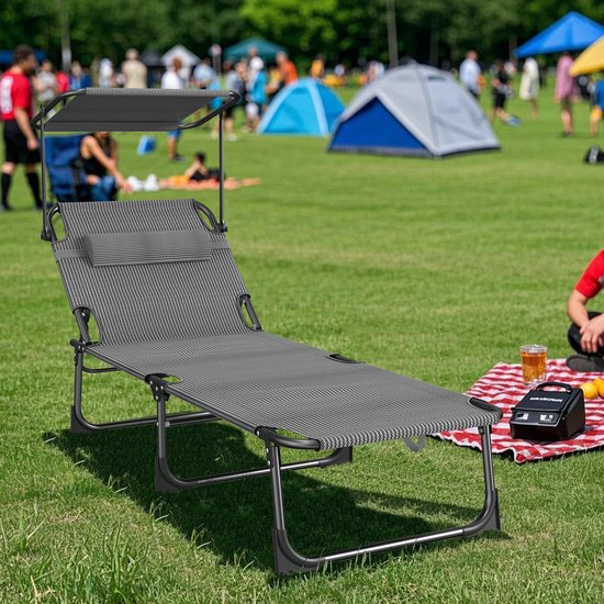 Zonneligstoel met dak, tuinstoel, outdoor ligstoel met hoofdkussen, strandstoel, inklapbaar, verstelbare rugleuning, zonwering tot 100 kg, voor strand, camping, balkon, terras, zwart — afbeelding 3
