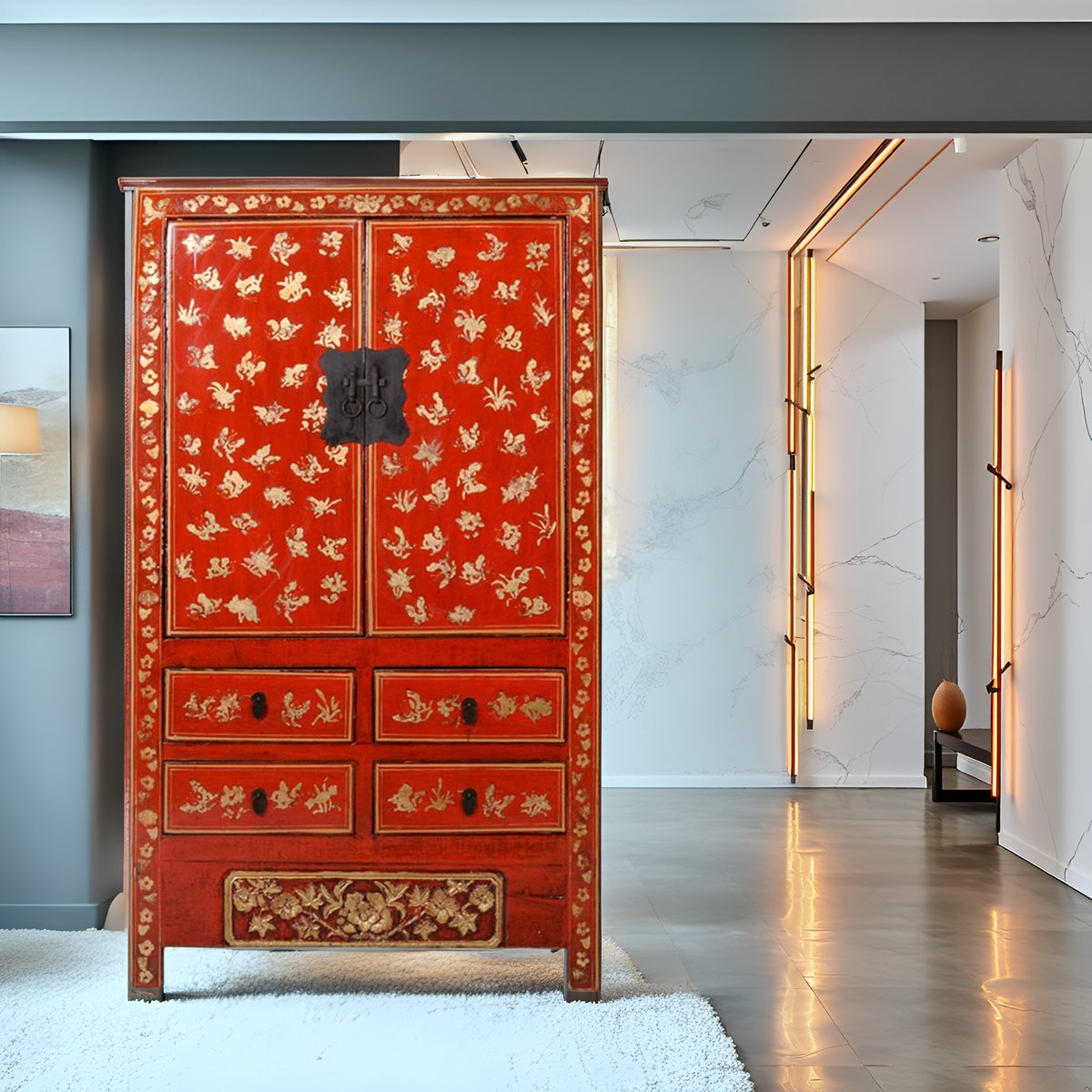 Fine Asianliving Antieke Chinese Bruidskast Rood Goud Handgeschilderd B105xD50xH188cm Chinese Meubels Oosterse Kast