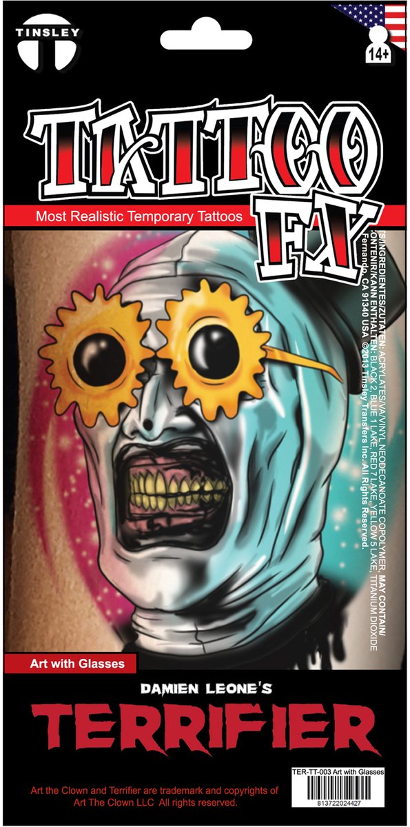 Tinsley Nep Tatoeage Clown met Bril voor Volwassenen Nep Tattoo voor Heren en Dames voor bij Halloween Kostuum Carnaval Accessoires