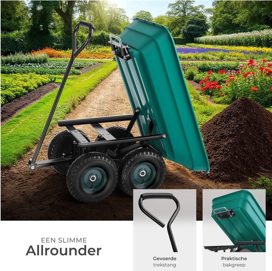 tectake® Handkar met Kantelfunctie - Soepele Stuuras, Luchtgevulde Rubber Banden - Kantelbare Handkar voor in de Tuin - Groen (Volume 52 L/Max Load 120 Kg) van Merkloos — afbeelding 4