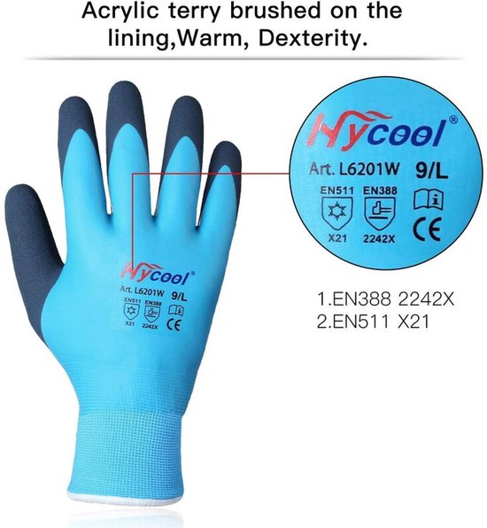 Gant de travail bleu et bleu foncé avec logo 'Nycool' et informations produit.