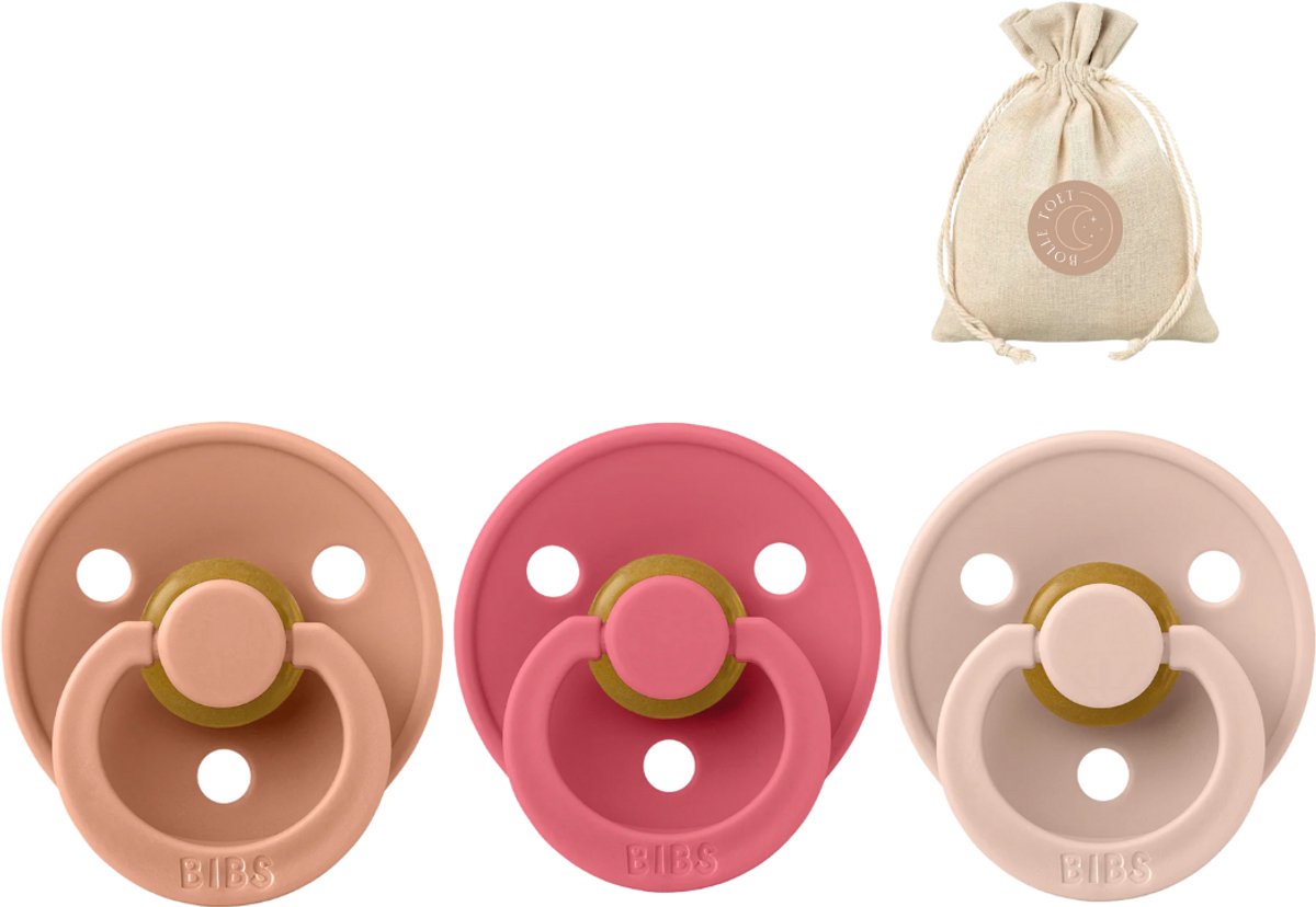 Image of 3 BIBS fopspenen maat 1 - Peach, Coral en Mushroom + BolleToet speenzakje