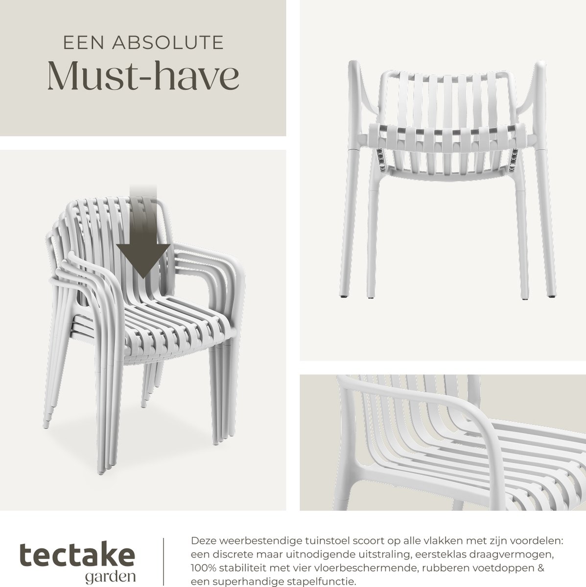 tectake® Set van 6 Tuinstoelen Alcudia - Creme - Kunststof Stoelen met Armleuning - Tuinset voor om de Tuintafel of op de Camping Stapelbaar - Stoelen voor Tuin, Terras of Balkon - Weerbestendig en UV-bestendig - Draagkracht 120kg per Tuinstoel – foto 5