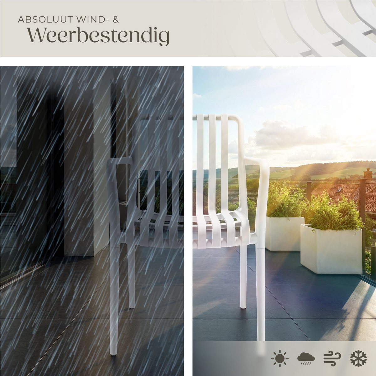 tectake® Set van 6 Tuinstoelen Alcudia - Creme - Kunststof Stoelen met Armleuning - Tuinset voor om de Tuintafel of op de Camping Stapelbaar - Stoelen voor Tuin, Terras of Balkon - Weerbestendig en UV-bestendig - Draagkracht 120kg per Tuinstoel – foto 4